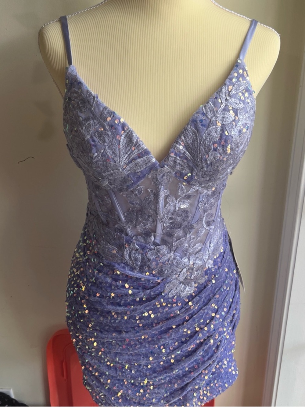 Purple sequin mermaid Mini prom dress with built in bra and corset